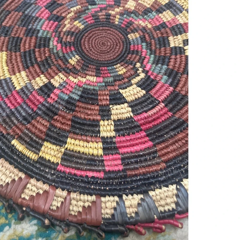 Vtg African Coiled Flat Baskets Set 4 Mismatched Geometric‎ Boho Trays Placemats